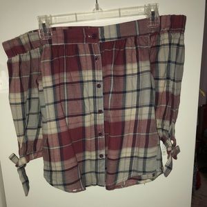 off the shoulder plaid button down